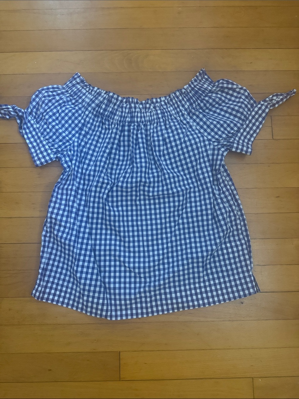 J. Crew Blue Gingham Off-Shoulder Tie-Sleeve Blouse